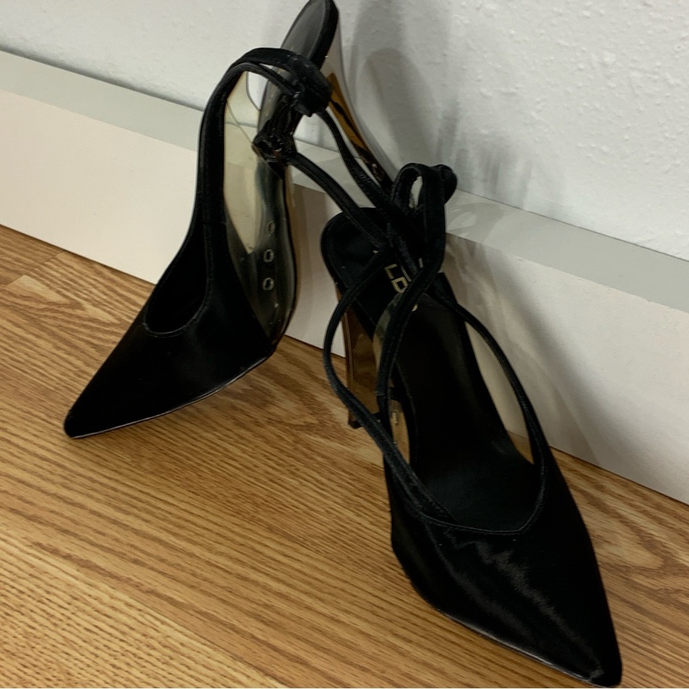 ALDO Women's Black satin pointed toe metallic rectangle heals